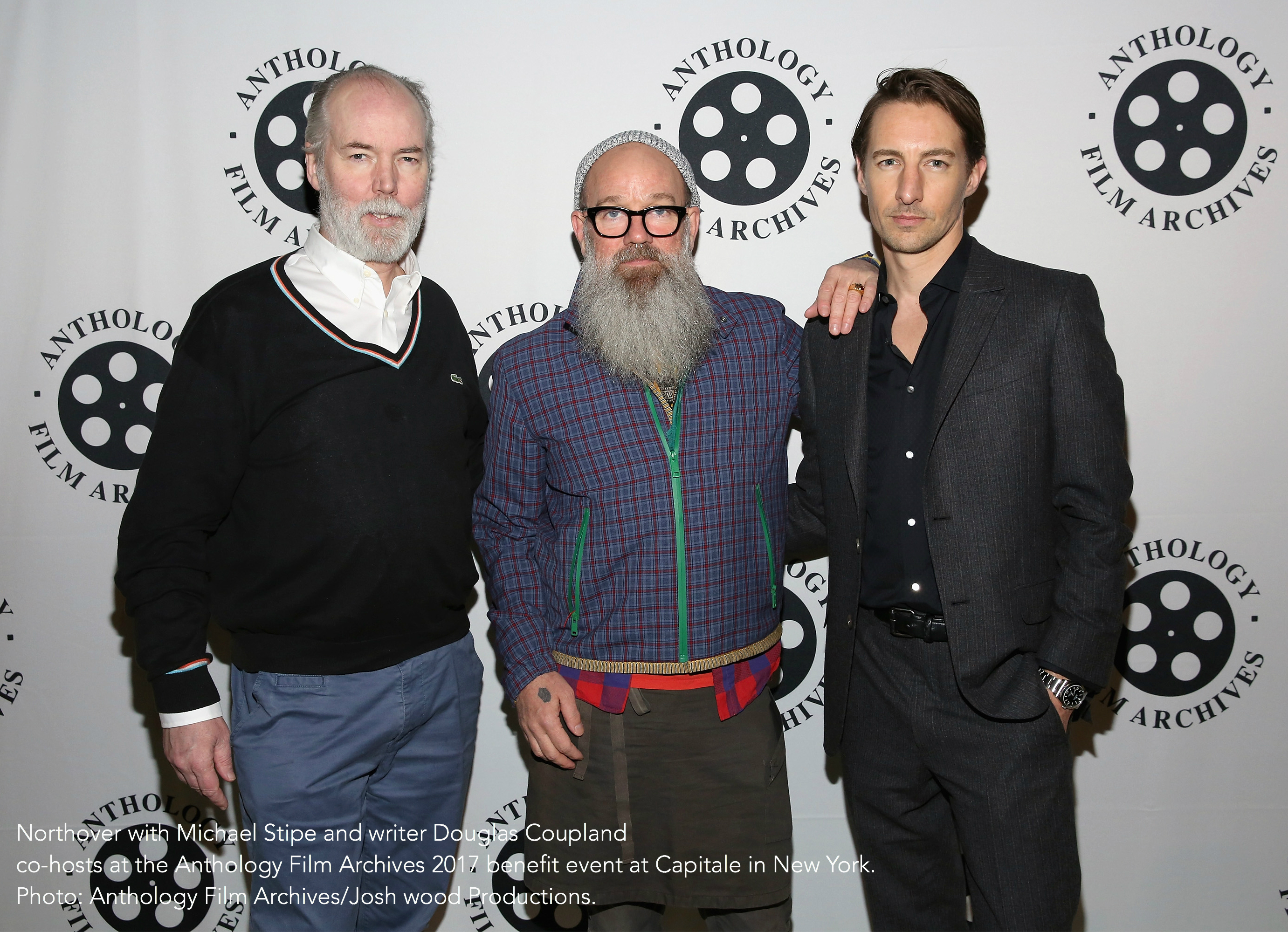 Northover with Michael Stipe and writer Douglas Coupland co-hosts at the Anthology Film Archives 2017 benefit event at Capitale in New York. Photo: Anthology Film Archives/Josh wood Productions.